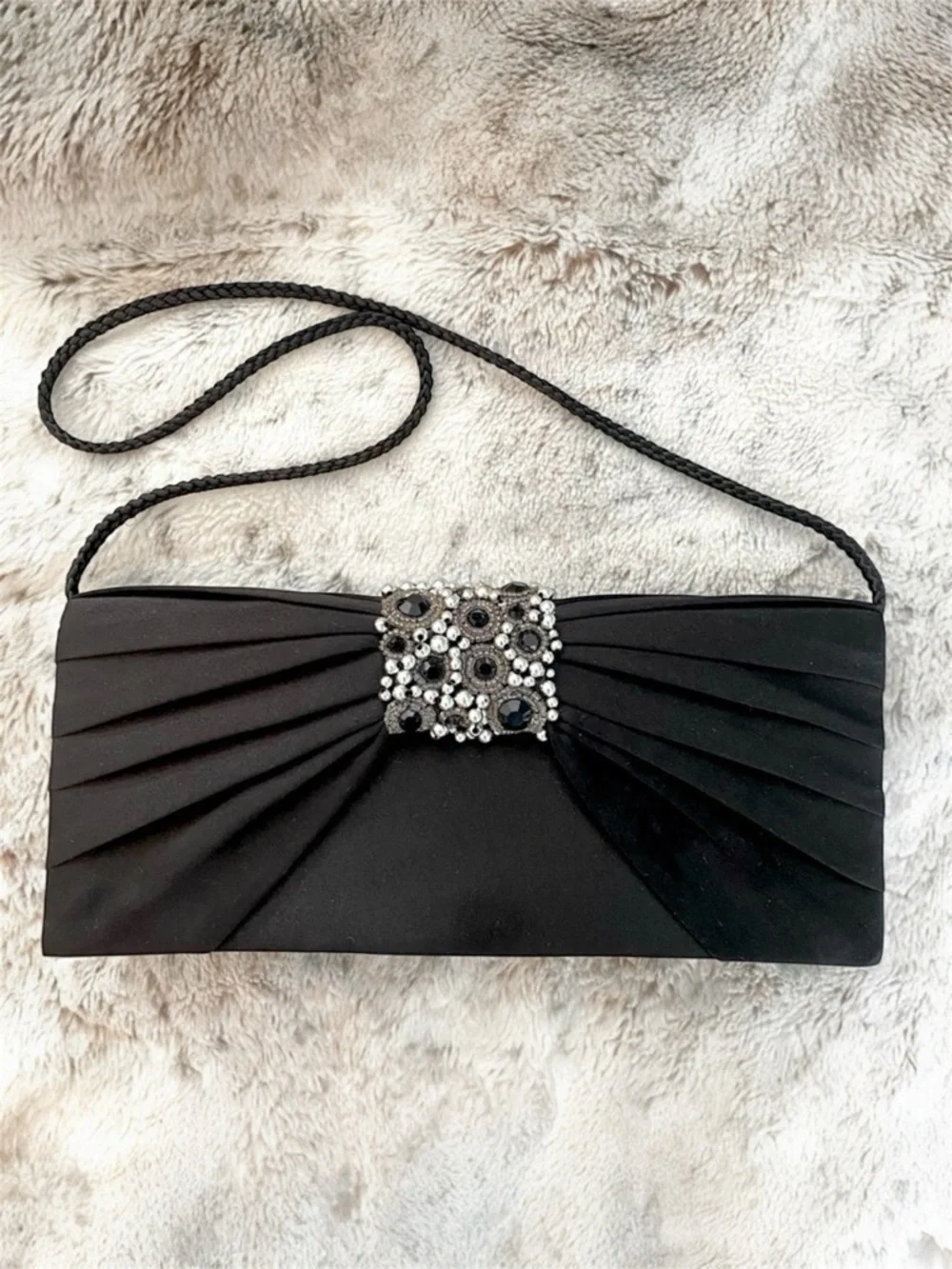 Jessica McClintock Satin Black Beaded Rhinestone Evening Clutch Purse handbag